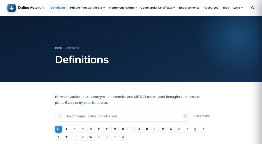Definitions glossary browser with A-Z index and category filters