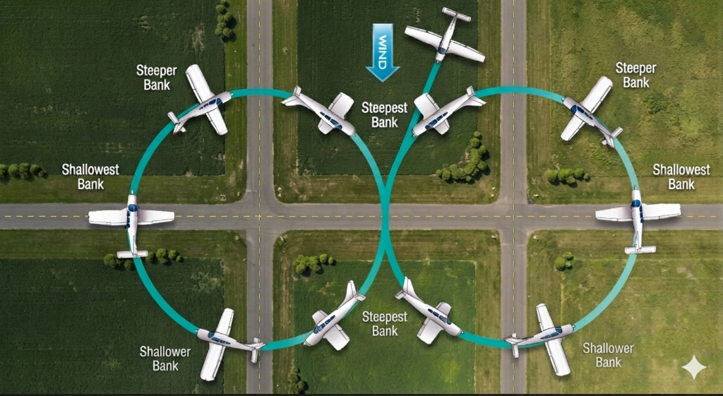 Aerial photo-realistic diagram of eights-on-pylons showing pylon positions and bank angle (steepest at the pylon, shallowest crossing between pylons) with wind direction indicated.