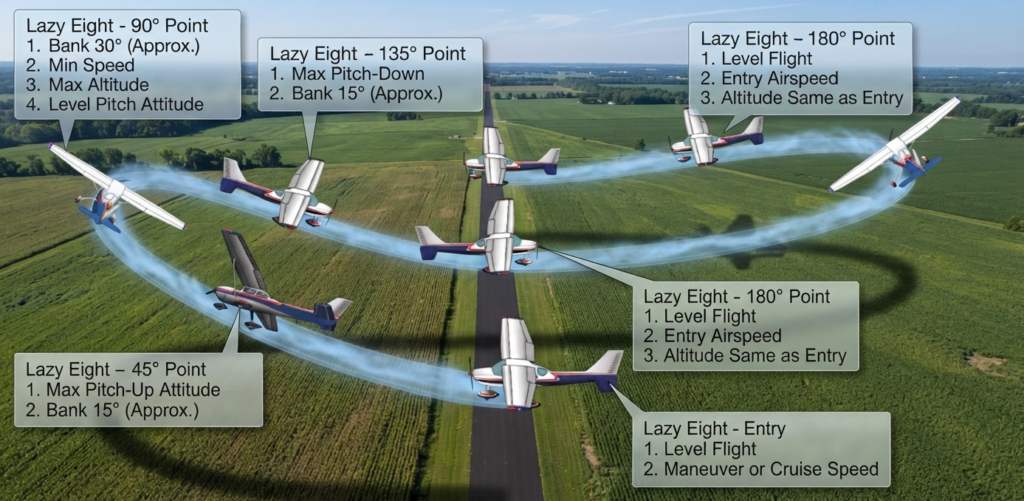 Aerial photo-realistic diagram of the lazy eight maneuver showing airplane bank and pitch attitude at the entry, 45\u00b0, 90\u00b0, 135\u00b0, and 180\u00b0 points along the ground track.