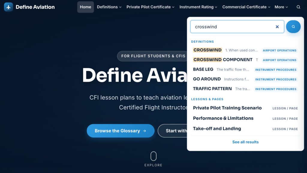 Instant search dropdown showing glossary definitions and lesson results for crosswind