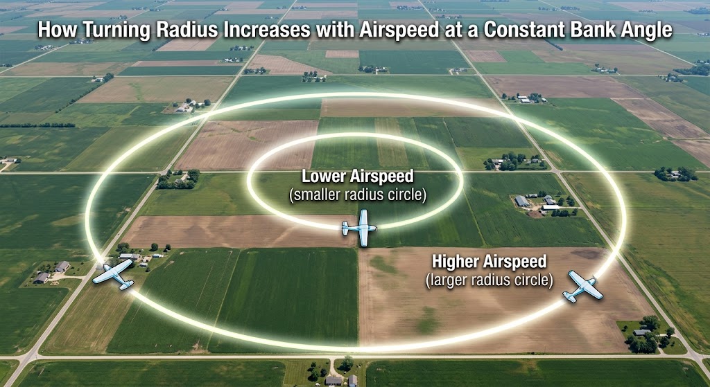 Diagram showing how turning radius increases with airspeed at a constant bank angle, illustrated with two aircraft flying circles of different radii over farmland (AI-realistic)